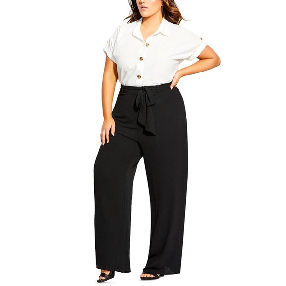 City Chic Women Plus High Rise Palazzo Tie Waist Wide Leg Pull-On Pants Black - Picture 1 of 6